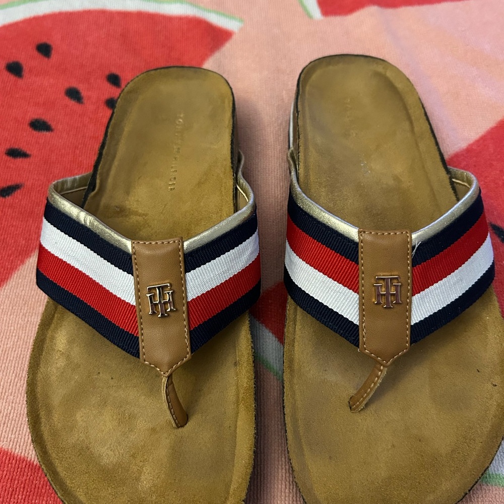 Tommy Hilfiger Tricolor Webbing Leather-Trim Flip Flops